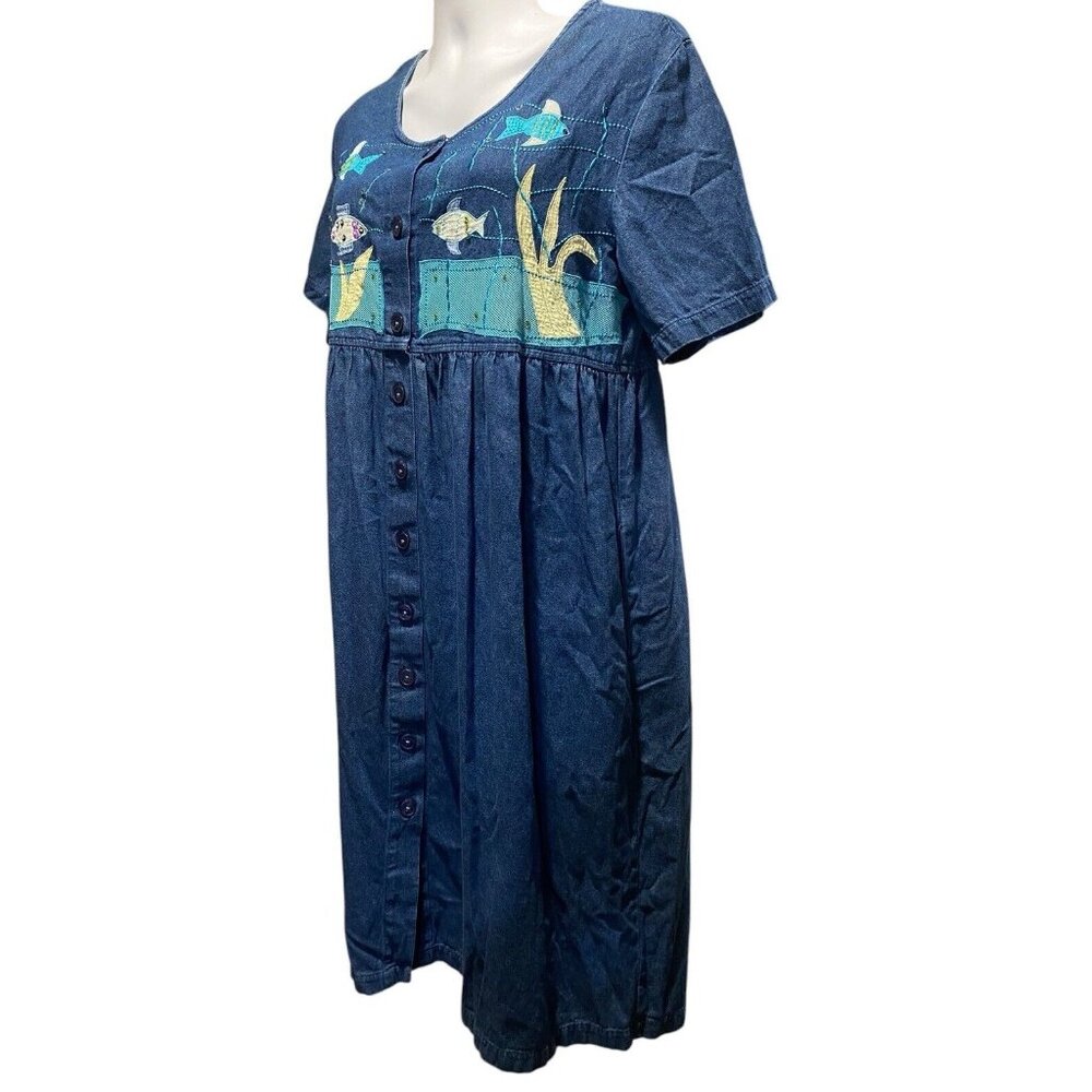 Go Softly Patio‎ House Dress L Blue Denim Cotton Applique Fish Button Midi